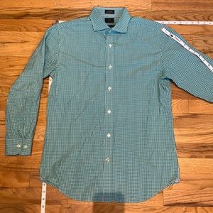 Men’s button up, teal check w/ darts